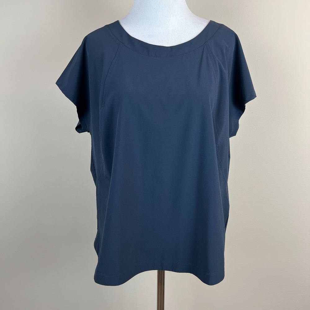 J. Jill Fit Top Womens Medium Navy Blue Short Sleeve Tee Stretch Pleat Back M